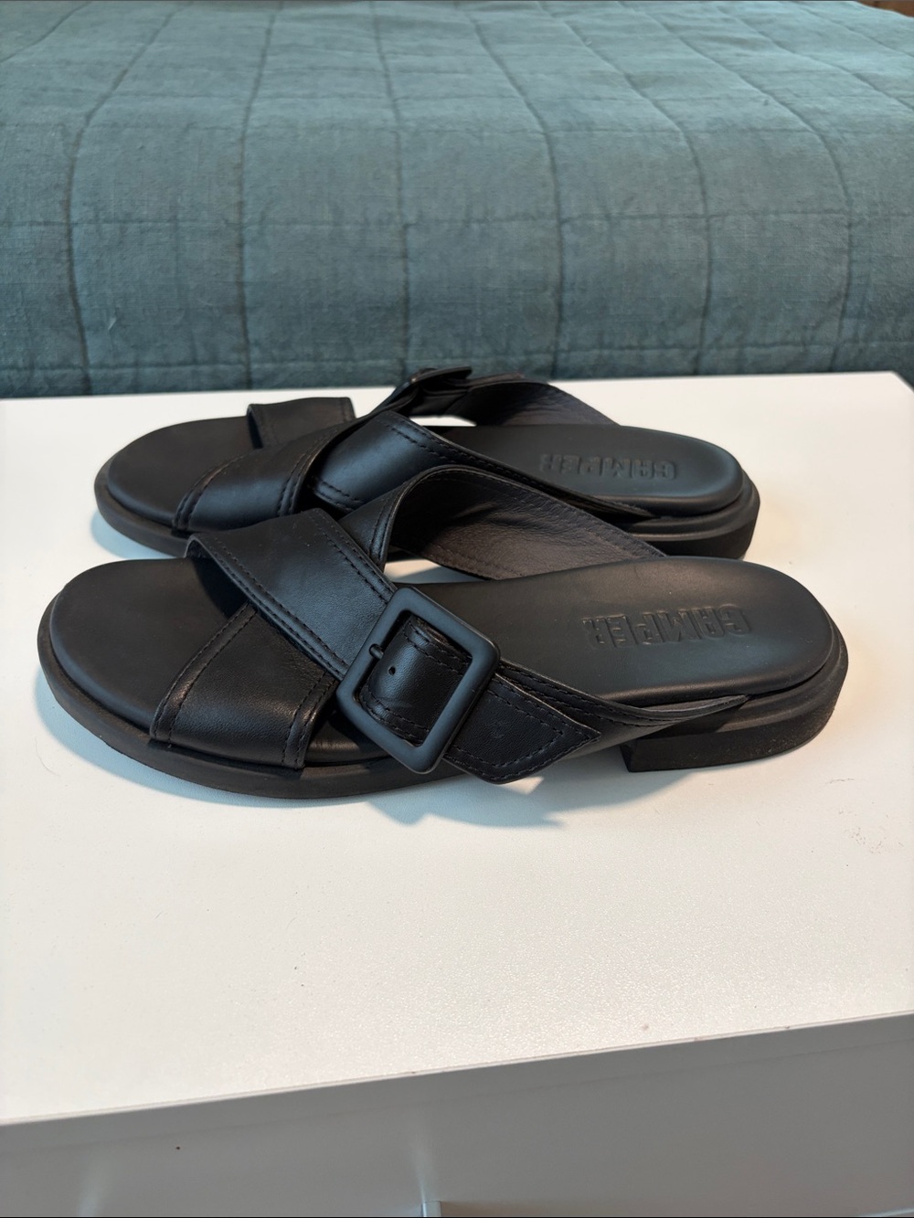 Camper Black Leather Cross-Strap Buckle Slide Sandals